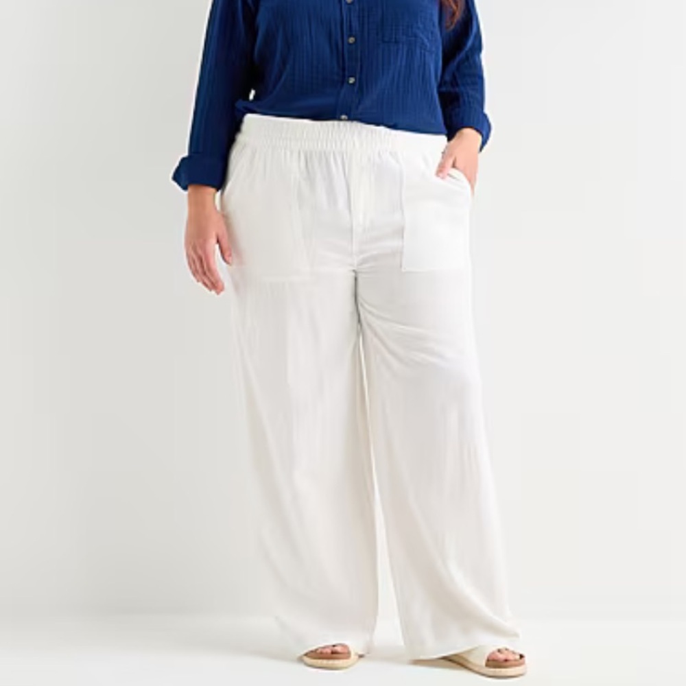 Women's St John’s Bay Wide-Leg Linen Blend Elastic Waist Pants - White Sz 2X